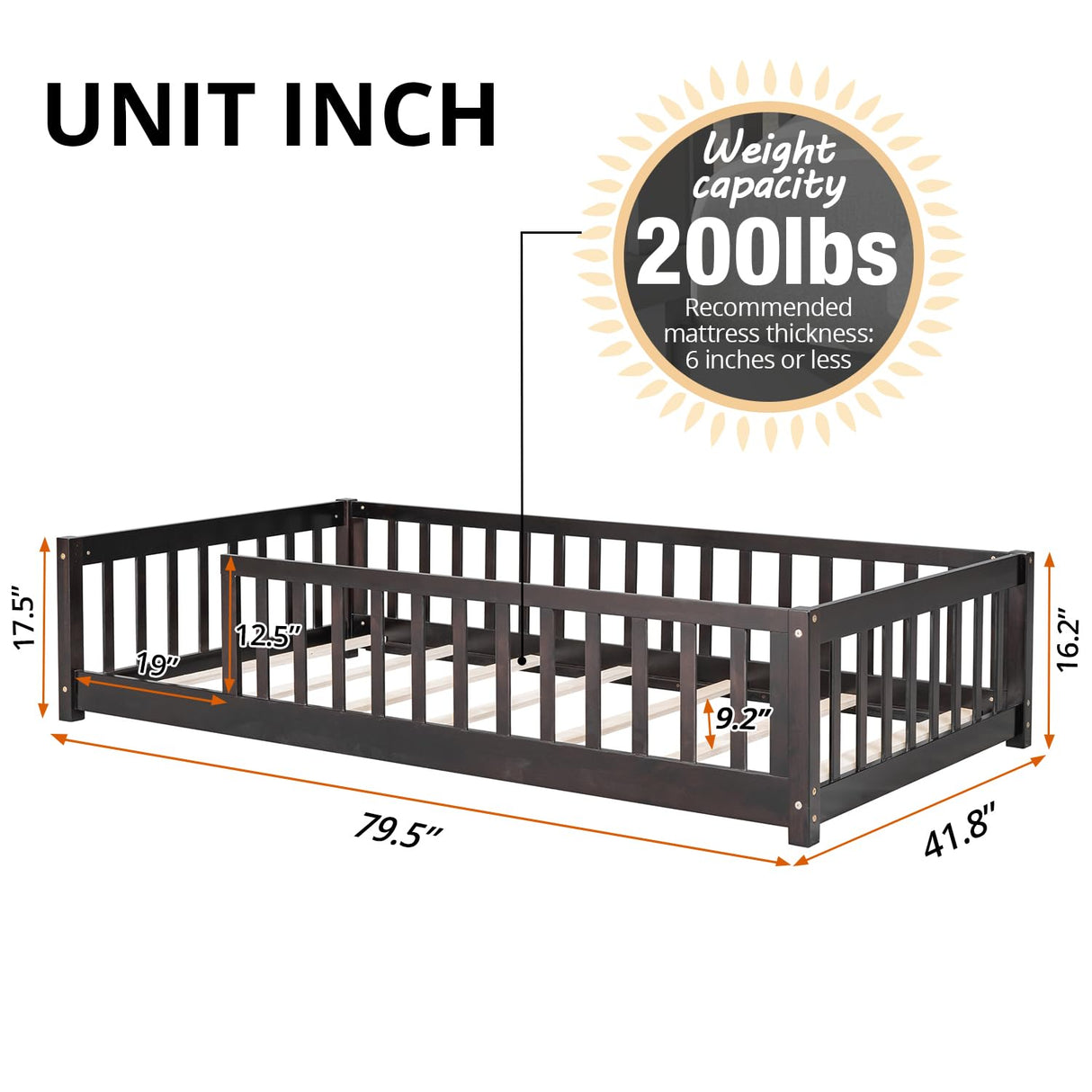 LLS Twin Floor Bed for Children, Durable Montessori Floor Bed with Sturdy Slats and Safety Fence, Solid Wood Floor Bed Frame for Girls Boys and Teens, Espresso (Without Door) LLS