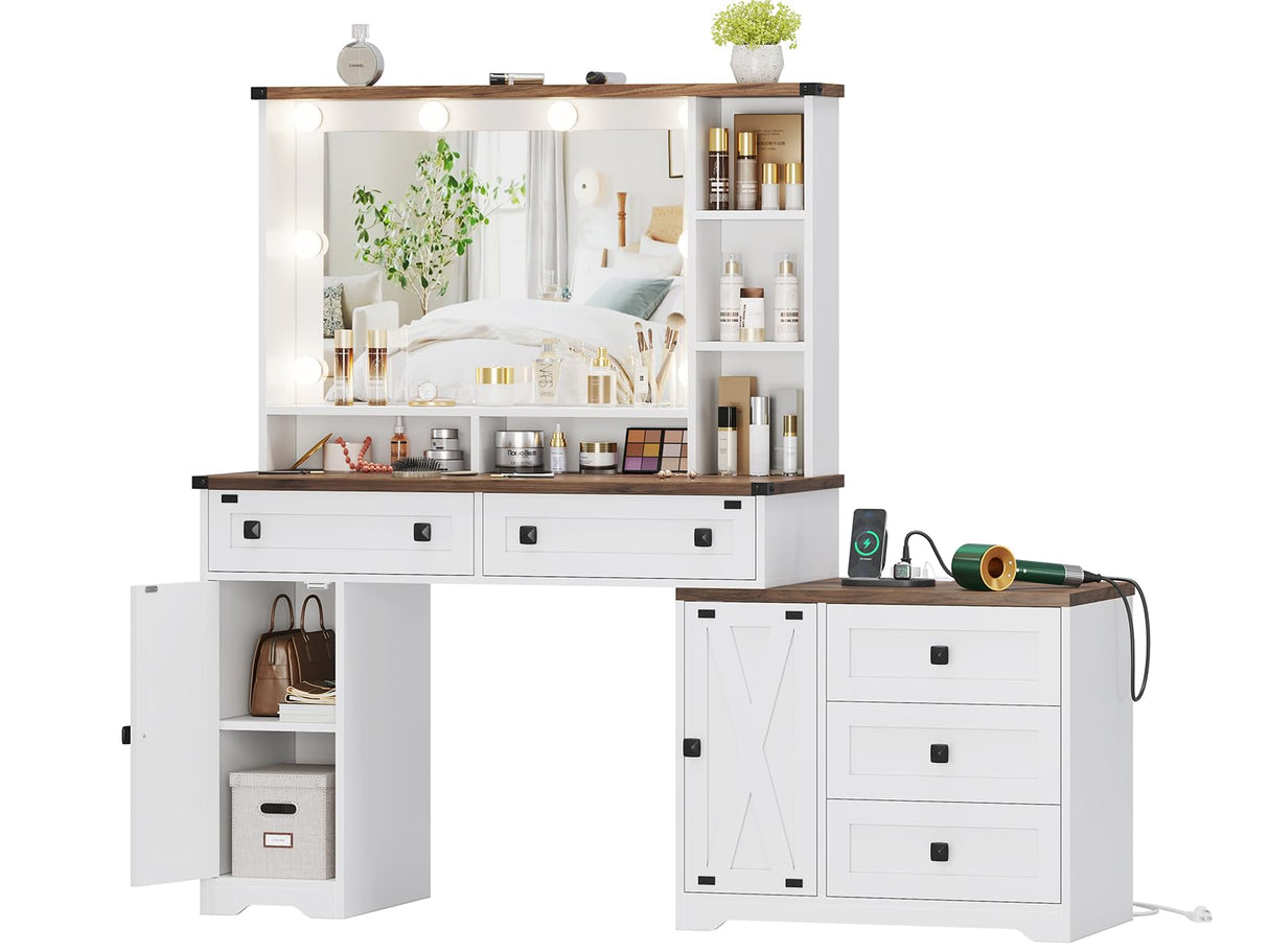 Hasuit Farmhouse Makeup Vanity Desk with Hollywood Makeup Mirror, 56.5" Large Vanity Desk with Charging Station, Vanity Table with Open Shelves & 5 Drawers & 2 Cabinets for Bedroom, Lights Adjustable Hasuit