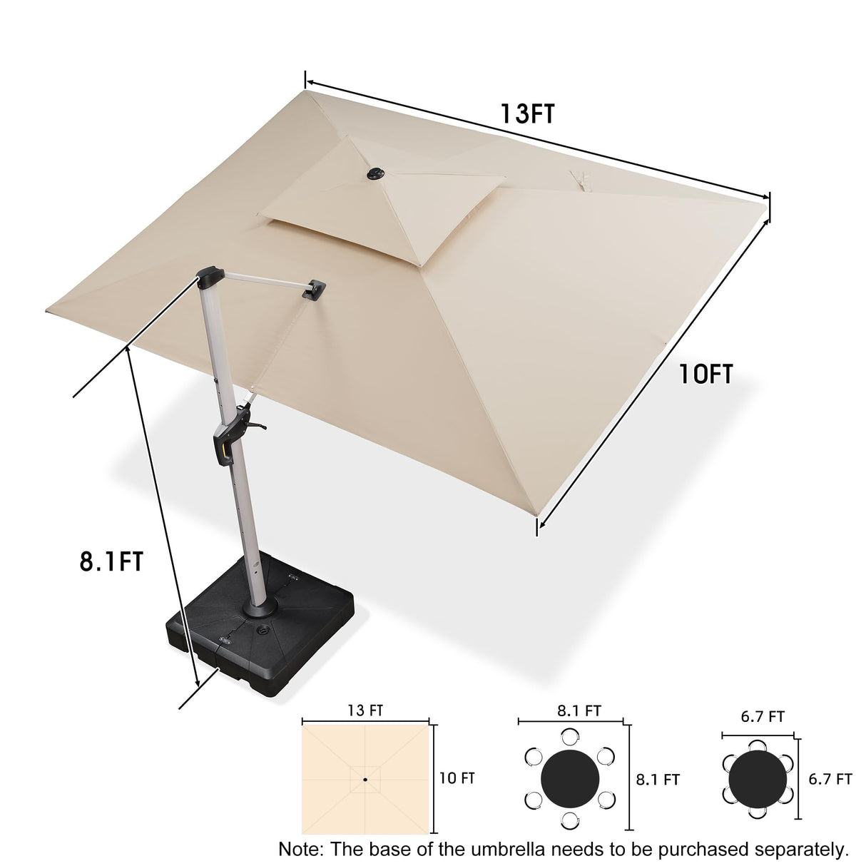 PURPLE LEAF 10' X 13' Patio Umbrella Outdoor Rectangle Umbrella Large Cantilever Umbrella Windproof Offset Umbrella Heavy Duty Sun Umbrella for Garden Deck Pool Patio, Beige PURPLE LEAF