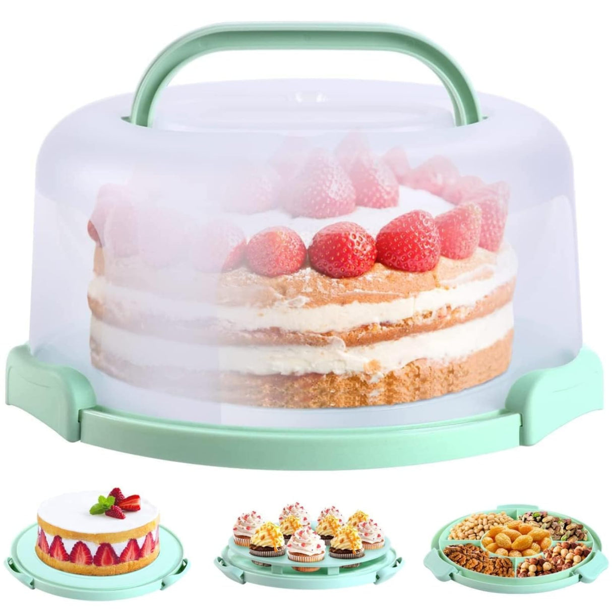 Ohuhu Cake Carrier with Lid and Handle, BPA-Free Cake Containers Cake Holder for 10 inch Cake with 2 Handles Cupcake Carrier - Plastic Cover Two Sided Base for Transport Pies Nuts Fruit Perfect Gifts Ohuhu