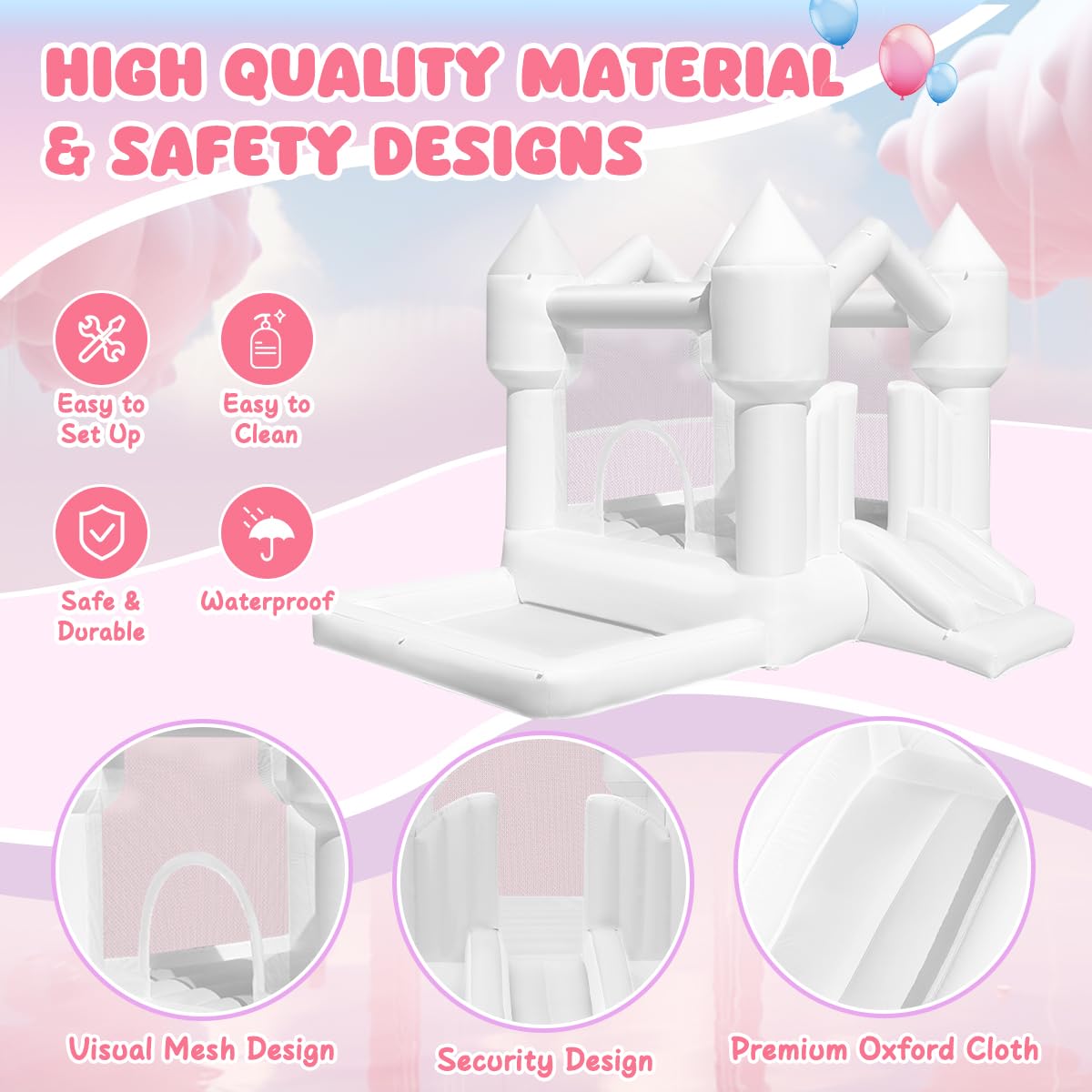 FINCOME Inflatable Bounce House for Kids, White Bounce House with Slide, Jumping Bouncy Castle for Kids Birthday Party, Wedding, Backyard Indoor/Outdoor White (with Blower) FINCOME