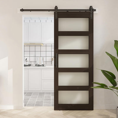 BARNSMITH 30in x 84in Glass Barn Door with 5FT Sliding Door Hardware Kit Included & Handle,5-Panel Frosted Glass Solid Wood Slab with Water-Proof PVC Surface,Pre-Drilled Easy Assembly,Brown