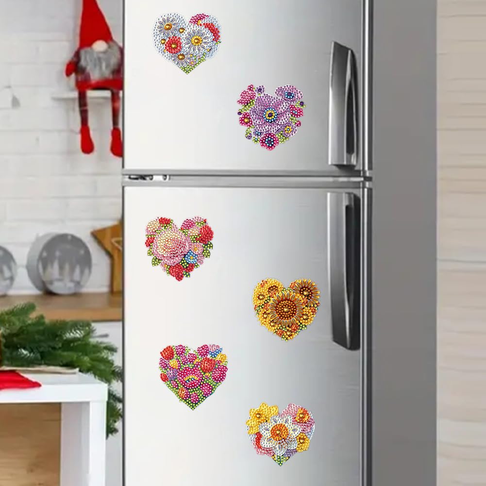 POETRYDRAW 6 Pcs Diamond Painting Magnets Special Shape Heart Flower Diamond Art Stickers Refrigerator Diamond Painting Kits for Fridge Stickers POETRYDRAW