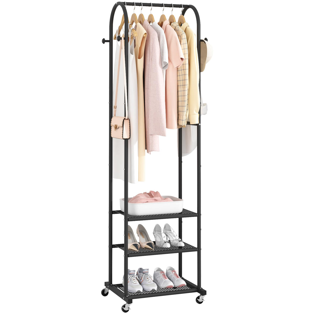 Kaitiemoo Heavy Duty Clothing Rack With Wheels,Modern Garment Rack With 3 Metal Shelves, 71.8Inches Display Rack For Hanging Clothes, Hanging Rod For Small Space,Black Kaitiemoo