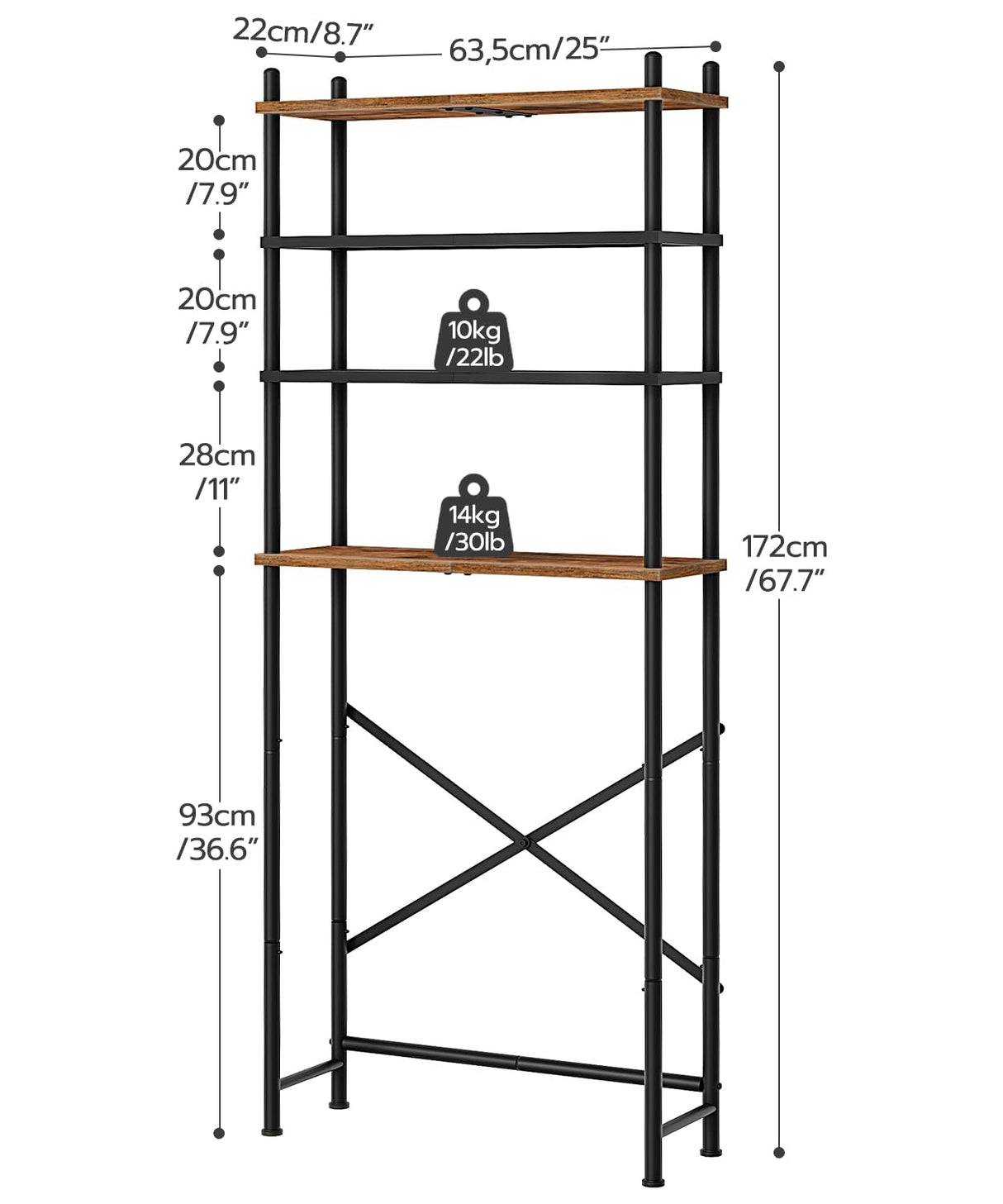 HOOBRO Over The Toilet Storage, 4-Tier Over Toilet Bathroom Organizer, Freestanding Above Toilet Shelf with Adjustable Feet, Space Saving, Easy to Assemble, Rustic Brown and Black BF64TS01 HOOBRO