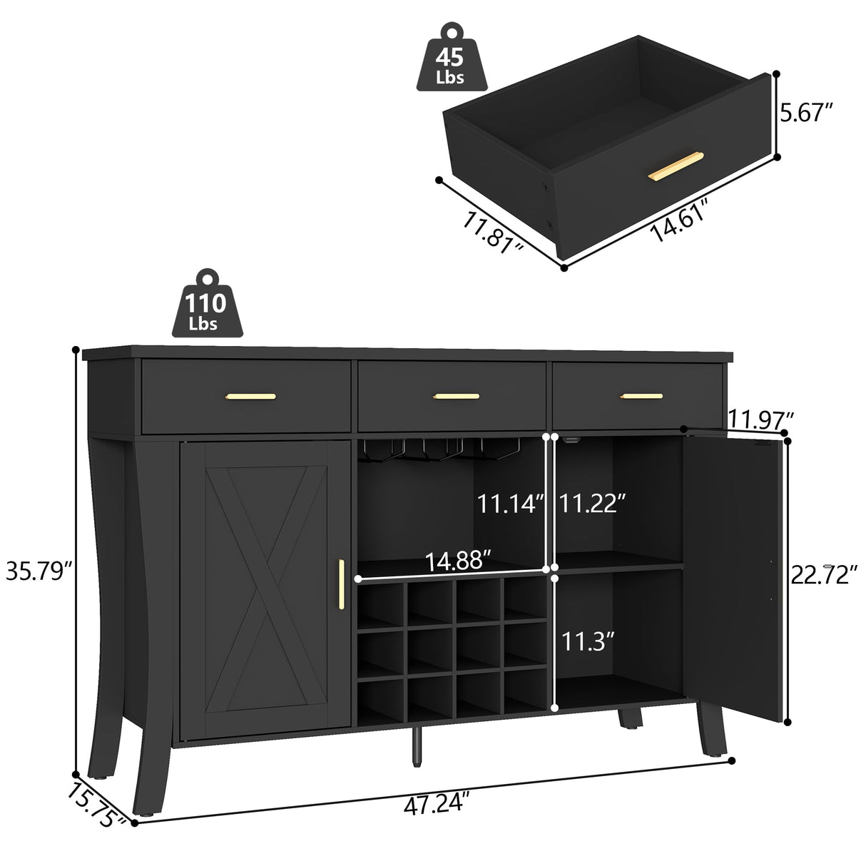 Wine Bar Cabinet with LED Light,Farmhous Liquor cabinet with Wine and Glass Rack,Coffee Station with Storage cabinet and 3 drawers,Buffet Sideboard with Arc Design for Kitchen,living room (Black) Gyfimoie