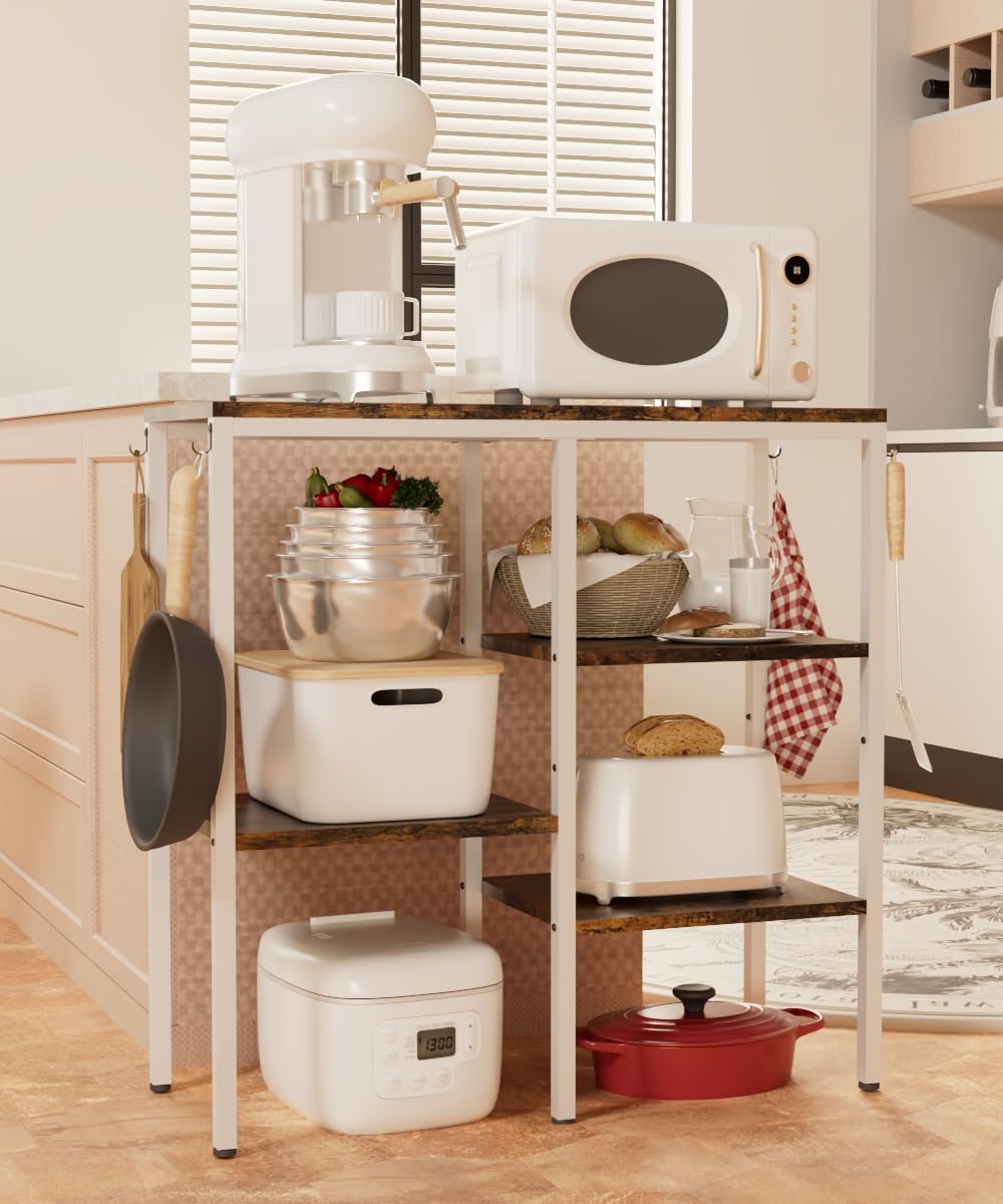 Artibear 4-Tier Kitchen Microwave Oven Stand, Adjustable Coffee Bar Station for Small Appliance, Baker's Rack with 4 Hooks & 5 Storage Shelves, Utility Rack for Kitchen, Living Room, Office, White Artibear