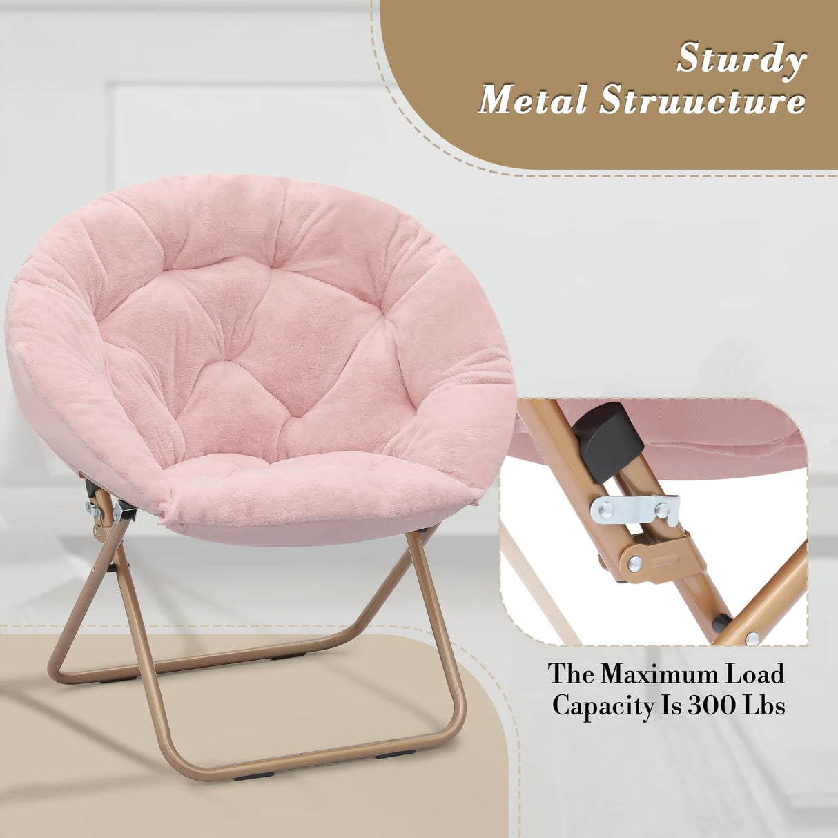 Athena Collection Comfy Saucer Chair Folding Cozy Chair for Bed Room Living Room Accent Chair Faux Fur Reading Chair Foldable Metal Frame Lazy Chair Moon Chair for Adult, Pink Athena Collection