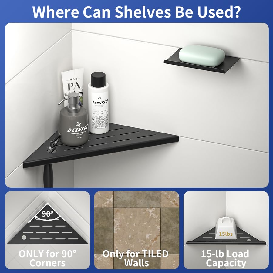 Bernkot 10'' Corner Shower Shelf w/Soap Holder, 304 Stainless Steel Grout in Shelf for Bathroom, Recessed Shelf for Tiled Wall, No Drilling Needed (Black) Bernkot