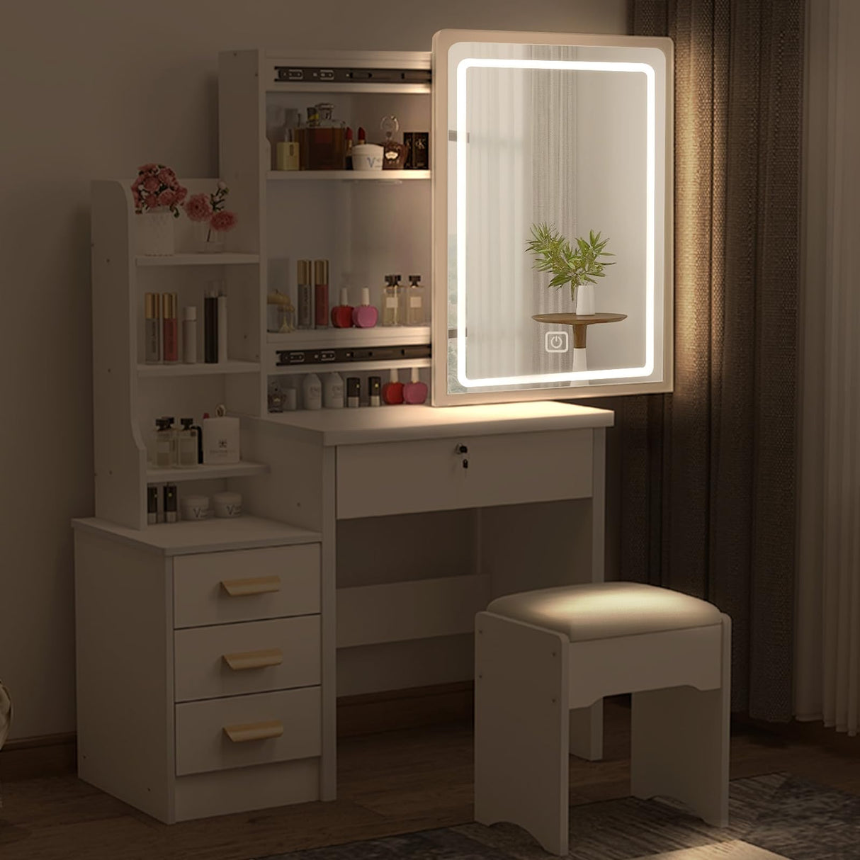 Vanity Desk With Mirror and LED Lights,Small Vanity With 4 Storage Drawers and Cushioned Stool,White Makeup Vanity Desk Set With Extra Large Sliding LED Mirror,3 Lighting Modes,Brightness Adjustable WIIS' IDEA