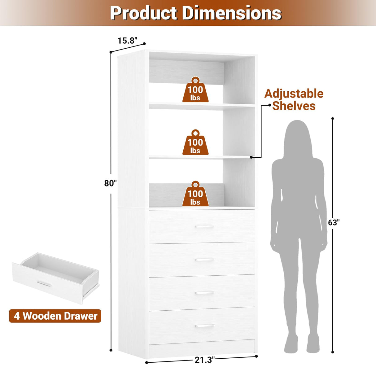 Aheaplus Closet Drawers Organizer System, 21.3" Wood Closet System with 4 Drawers, Modular Walk-in Closets Storage Unit, Tall Bookshelf Storage Cabinet, White22 Aheaplus