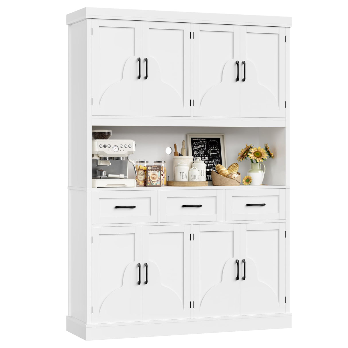 HITHOS 76" Tall Kitchen Pantry Storage Cabinet, 55“ Wide Kitchen Hutch Cabinet with Storage Drawers, Large Food Pantry with Microwave Stand, Modern Cupboard with Hutch for Dining Living Room, White HITHOS
