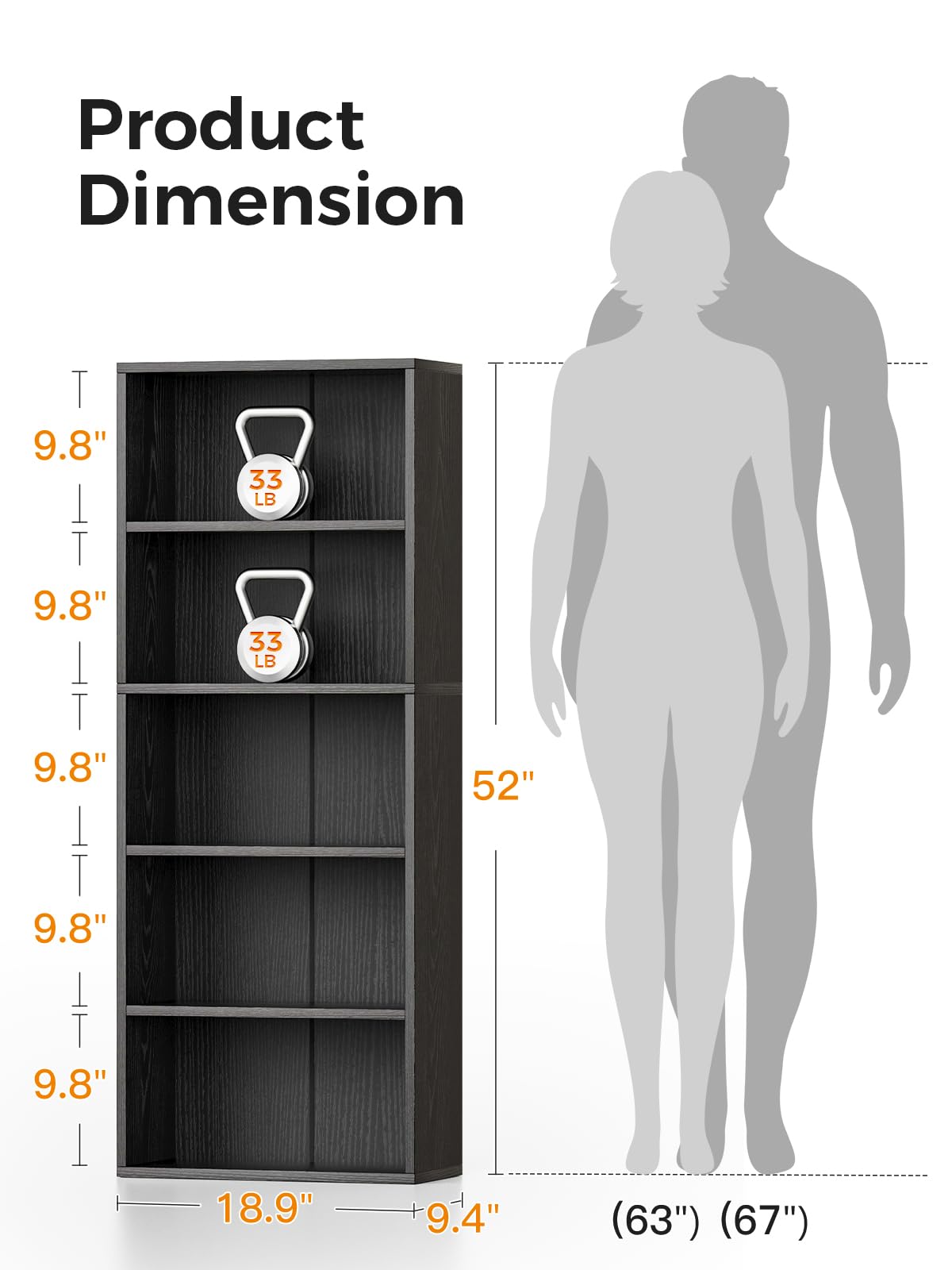Casaottima 5-Tier Open Bookshelf and Bookcase, Floor Standing Display Storage Shelves for Living Room, Tall Book Shelf for Bedroom, Home Office, Dining Room, Black Casaottima