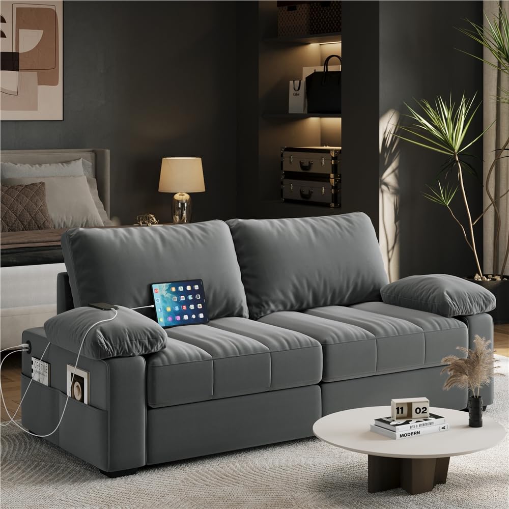 Yaheetech 79" Velvet Couch, Comfy Sofa with Pocket Coils, Deep Seat, Storage Pockets and USB Ports, 2 Seater Modern Loveseat Sofas with Removable Cover, Pillow Top Arms for Living Room Apartment Gray Yaheetech