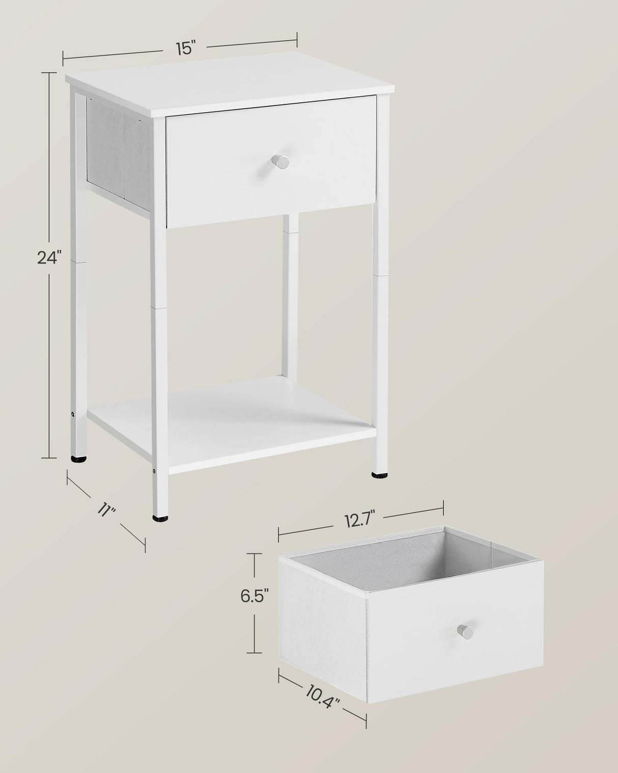 VASAGLE Nightstand, Side Table with Fabric Drawer, 24-Inch Tall End Table with Storage Shelf, Bedroom, White ULGS021W14 VASAGLE