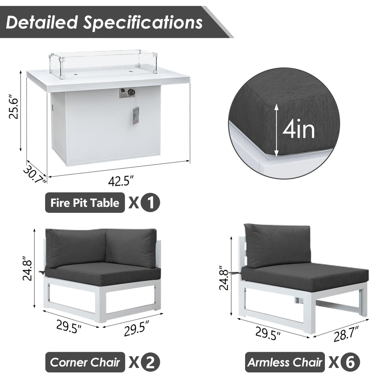 RADIATA 9 Pieces Aluminum Patio Furniture with Fire Pit Conversation Set with 29'' Large Depth Seat Outdoor Luxury Sofa Set (Dark Gray with White Aluminum) RADIATA