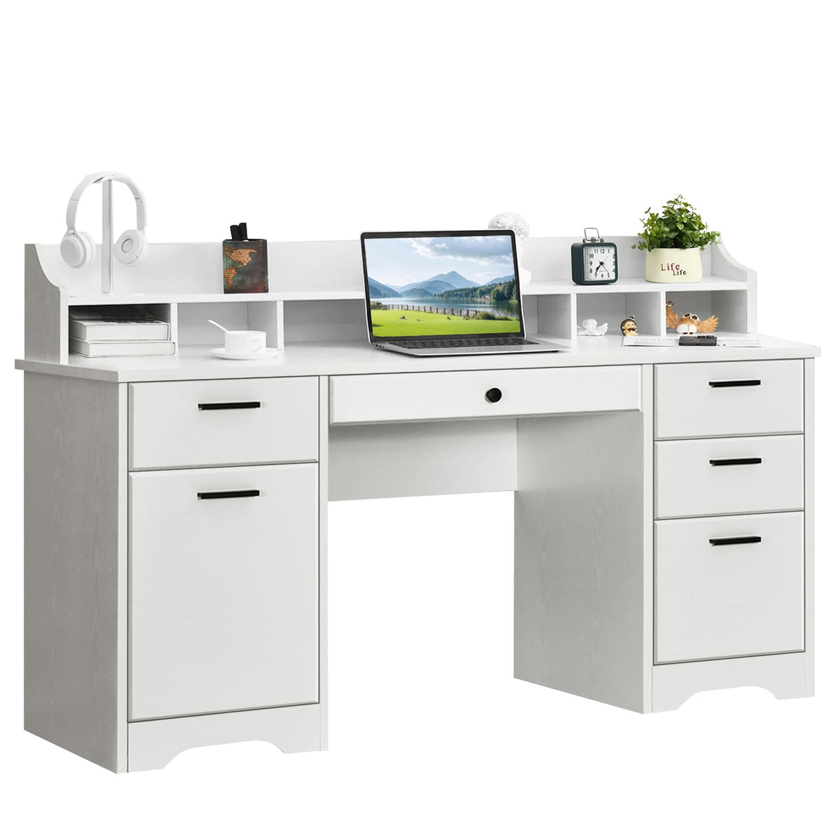 MaverickFurni White Desk with 6 Drawers, 58 Inch Executive Desk with 2 File Cabinet, White Wood Computer Desk with Storage, Study Desk for Bedroom, Home Office Desk with Drawers MaverickFurni