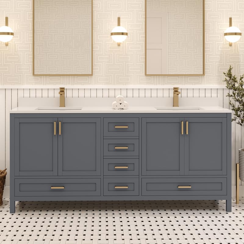 Ayna Decors Rooh 72 in Charcoal Grey Double Sink Bathroom Vanity Set with White Quartz Countertop | 4 Soft Closing Doors | 5 Full Extention Soft Close Drawers | Gold Hardware Ayna Decors