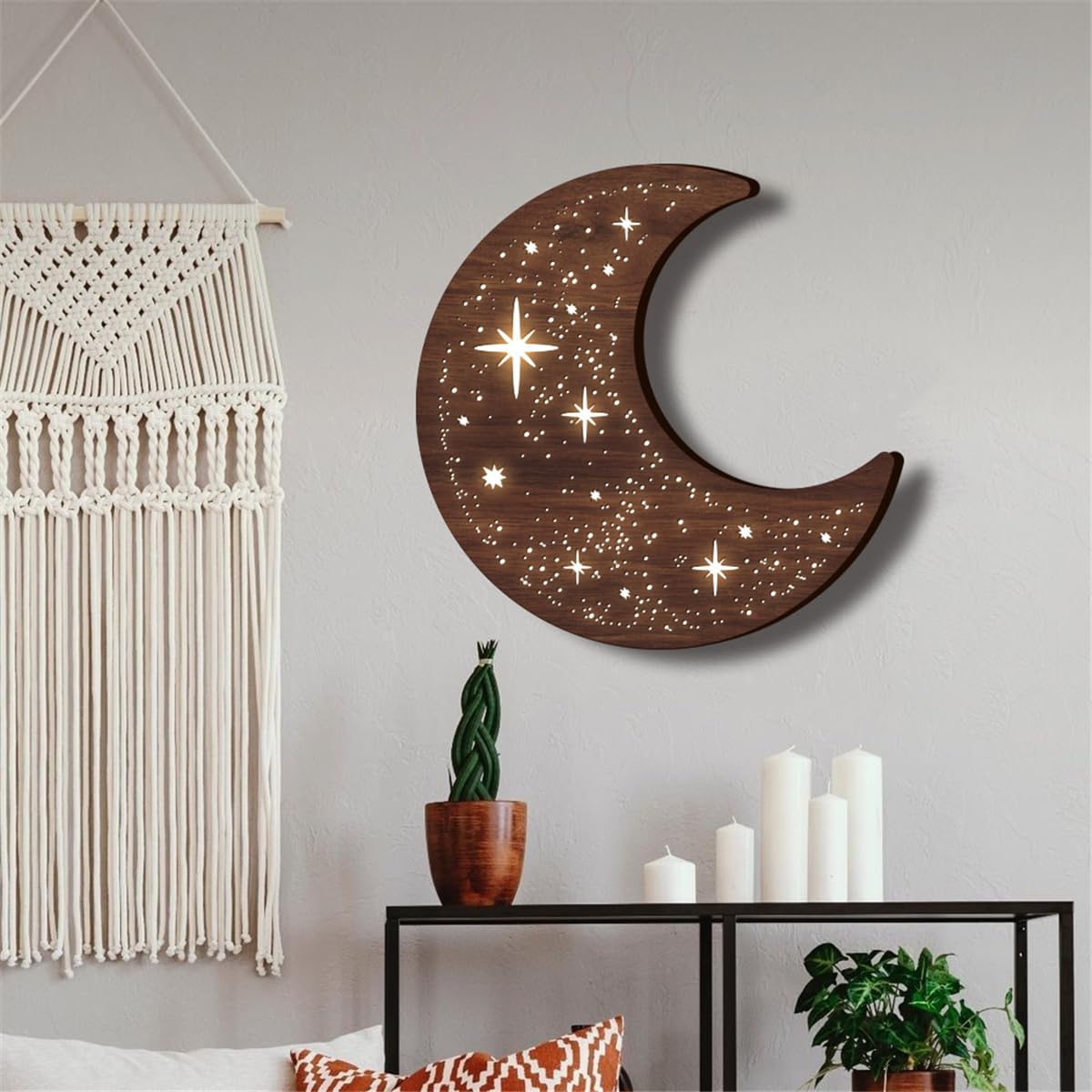 Wooden Moon Wall Art Decor, Boho Wooden Moon Phase Stars LED Lamp Wall Hanging Decor Sign, Wood Carving LED Night Light Wall Sculptures, 3D Home Wall Art Decoration for Kids Bedroom Living Room (A) Jocaluyia
