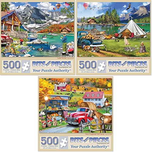 Bits and Pieces Set of 3 Jigsaw Puzzles 500 Pieces - New England Farm Lake Bits and Pieces