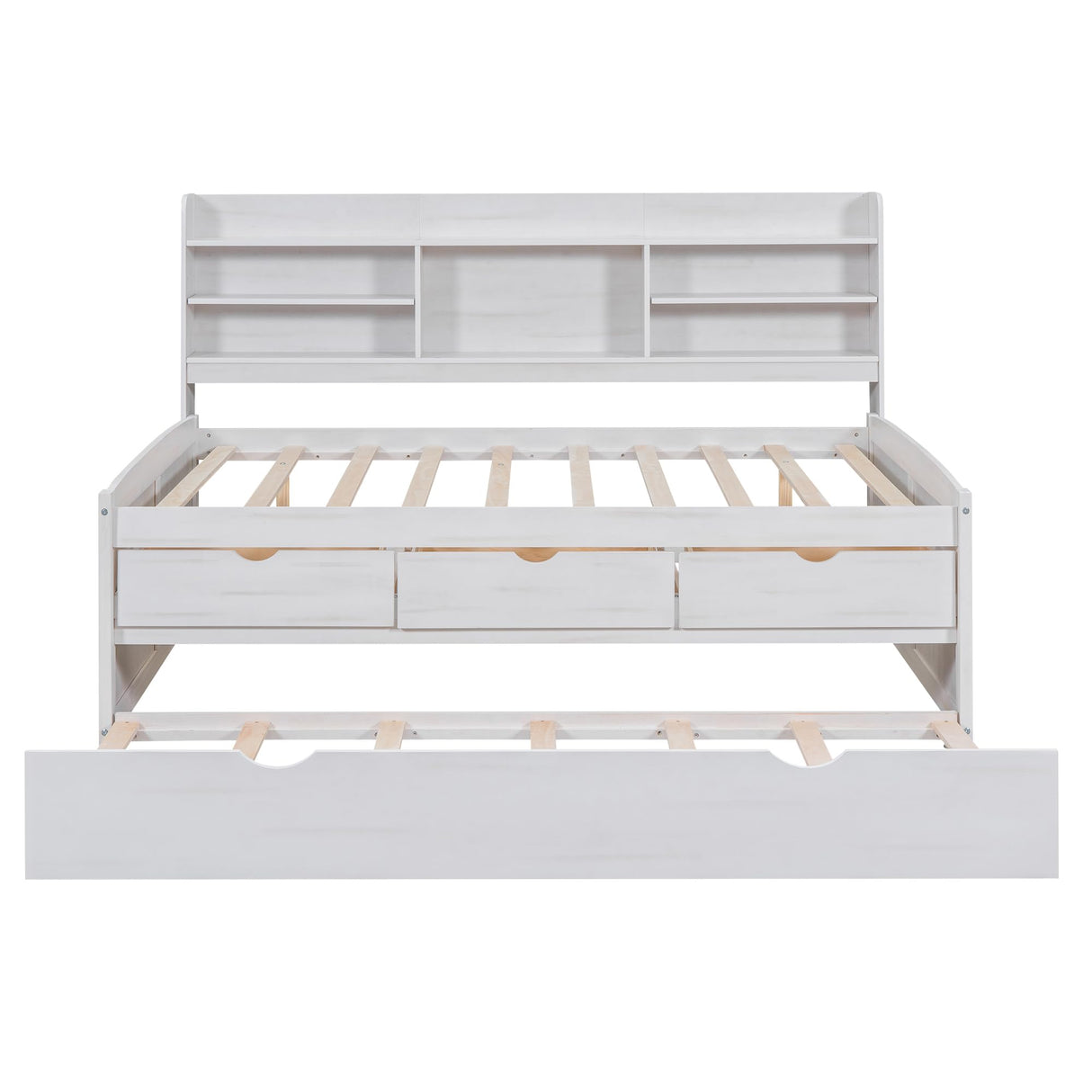 Full Size Storage Daybed with Trundle, Drawers, Bookcase, Solid Wood Full Captain’s Bed Frame for Kids Guests, No Box Spring Needed (White) Harper & Bright Designs