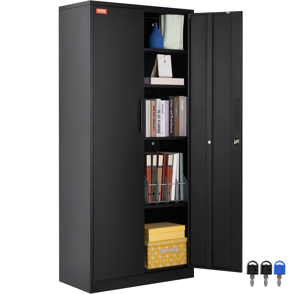 VEVOR Metal Storage Cabinet, Steel Locking Storage Cabinet with 2 Magnetic Doors and 4 Adjustable Shelves, 71'' Metal Cabinet 200 lbs Capacity per Shelf with 3 Keys, for Office, Home, Garage, Black VEVOR
