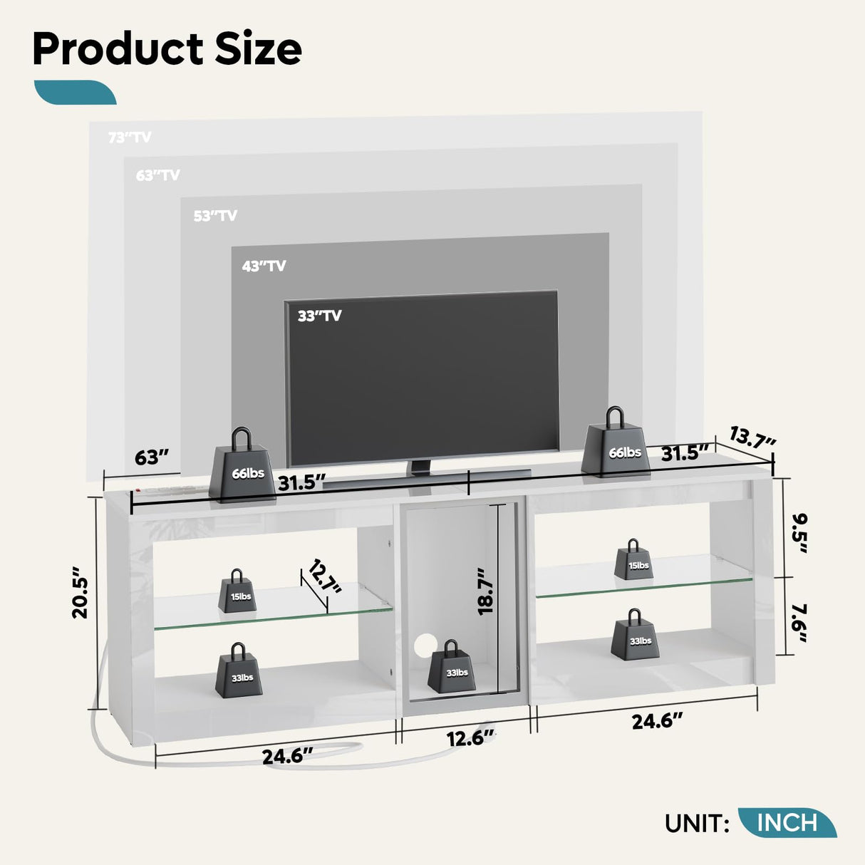 Bestier High Gloss TV Stand for 70 inch TV with Power Outlets, LED Entertainment Center for PS5, Gaming TV Consoles with Glass Shelves for Living Room, 63'' Inch, Bright White Bestier