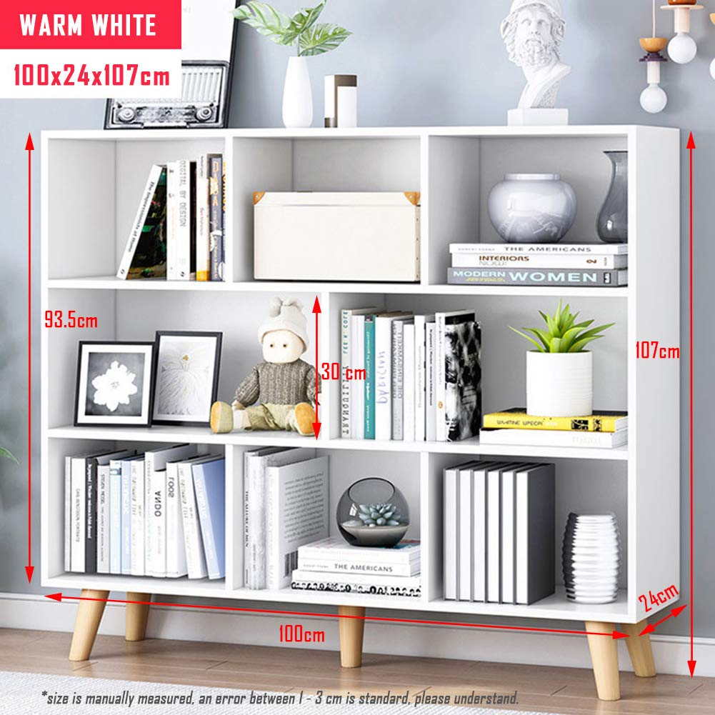 IOTXY Wooden Open Shelf Bookcase - 3-Tier Floor Standing Display Cabinet Rack with Legs, 8 Cubes Bookshelf, Warm White IOTXY