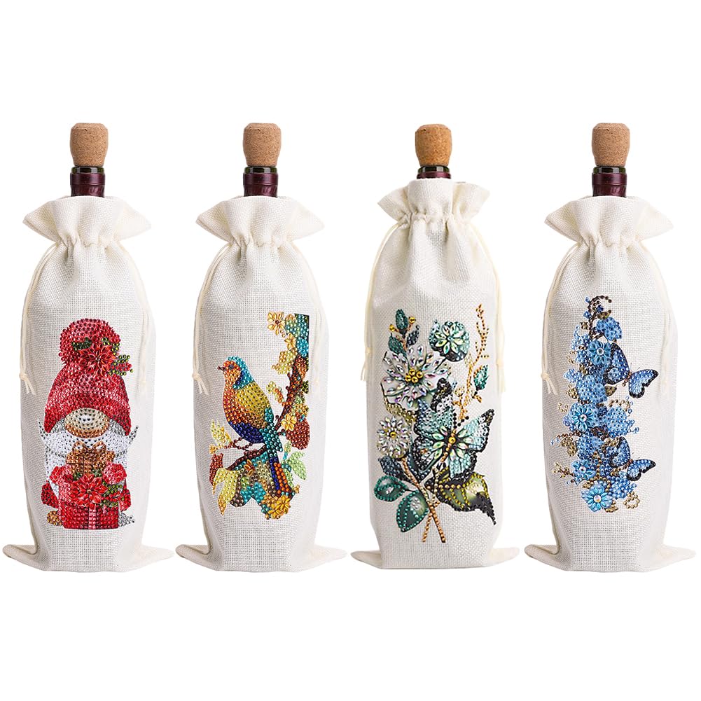 4 Pcs DIY Diamond Painting Art Kit Diamond Painting Wine Bag Kit Rhinestones Label Liquor Bottle Cover Gift for Wine Lover Women Men Christmas (Gnome Butterfly) WoodArtSupply