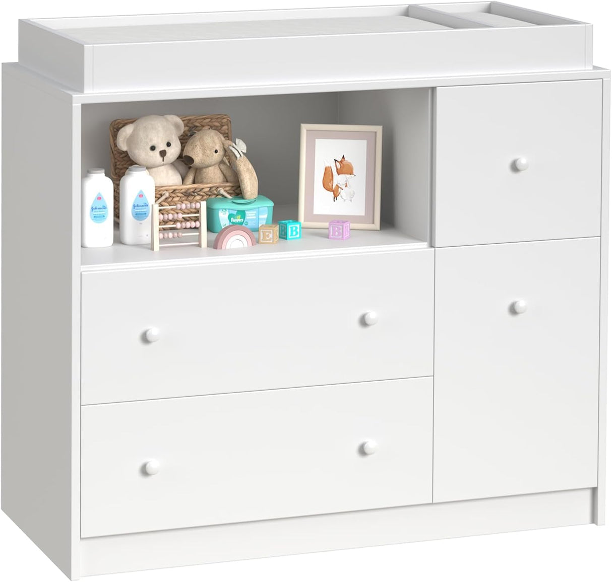 GOFEI Baby Changing Dresser with Large Tabletop, 3 Drawers, Open Storage Space, and Open Storage Shelf – Ideal Changing Table for Nurseries and Baby Rooms GOFEI