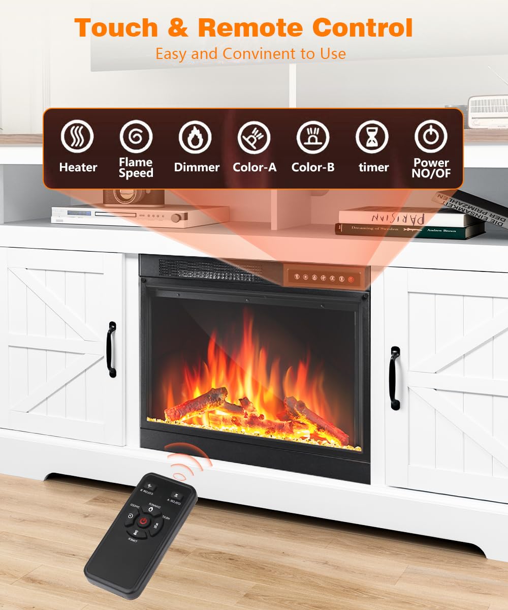 Cowsar 60" Fireplace TV Stand Mantel Wood Surround Firebox, Freestanding Fireplace Heater, Adjustable Led Flame, Remote Control, 750W-1500W, White COWSAR