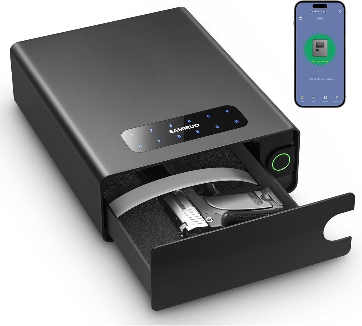 EAMIRUO Small Handgun Safe for Pistol Unlock with Fingerprint/Keypad/Key/App, Slide-Away Gun Lock Box Biometric Pistol Safe for Nightstand Bedside (Black) EAMIRUO