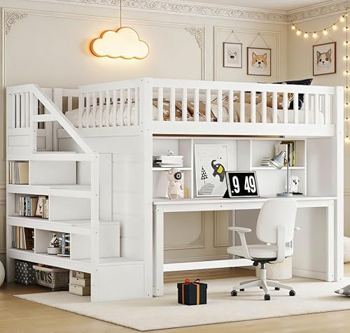 Bellemave Full Loft Bed with Stairs and Movable Desk and Shelves, Wood Loft Bed with Storage Stairs for Kids, Teens, Adults, White Bellemave