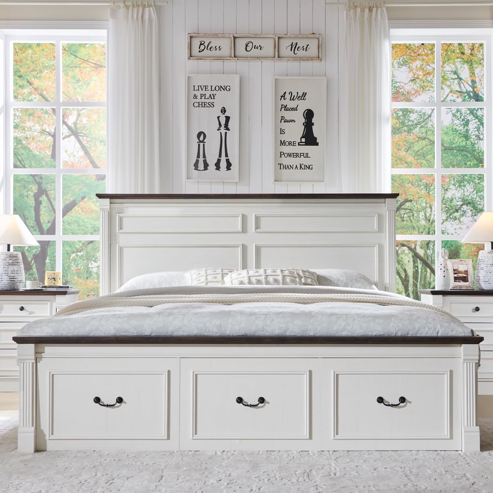 Aitjunz Farmhouse King Size Bed Frame with 51" Tall Headboard, Wood Platform Bed Frame with 20" Tall Roman Column Decoration Footboard & 3 Large Storage Drawers, No Box Spring Needed (White) Aitjunz