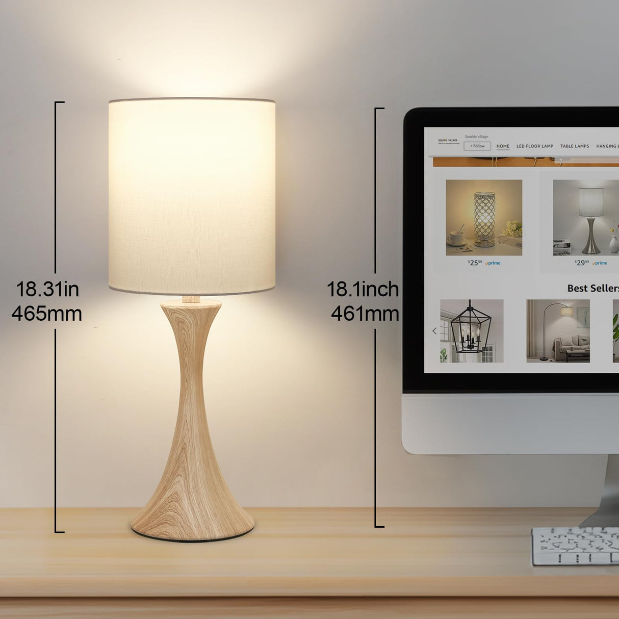 Bedside Touch Lamp, 3 Way Dimmable Touch Control Table Lamp, Wood Grain Farmhouse Table Lamp, Modern Nightstand Lamp with White Shade for Bedroom, Dorm, Office, 3000K LED Bulb Included Seaside village
