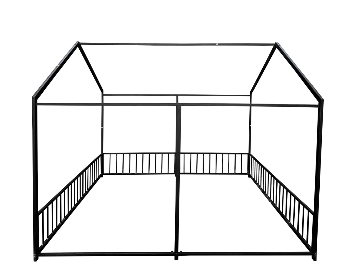 PVWIIK Double Montessori Floor Bed with Fence & Roof for Two Kids Teens Boys Girls,Twin Floor Bed,Easy Assemble,No Box Spring Needed, Black PVWIIK