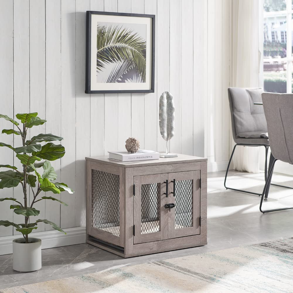 unipaws Dog Crate Furniture, Wooden Dog Kennel for Small Breed, Indoor Decorative Wood Dog Cage, Inside Side End Table Crate with Tray and Dog Bed for Puppy, Cats, Min Pigs, Rabbit, Up to 25 lbs unipaws