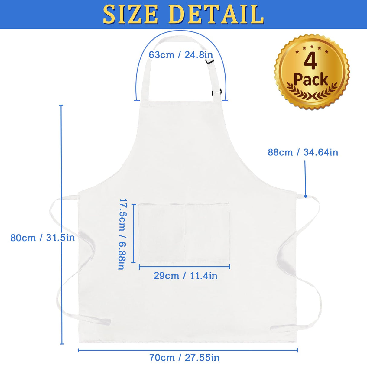 FunChaos 4 Pack Chef Apron, Adjustable Apron with 2 Pockets, Unisex Personalised Apron for Cooking, Kitchen, Restaurant (White) FunChaos