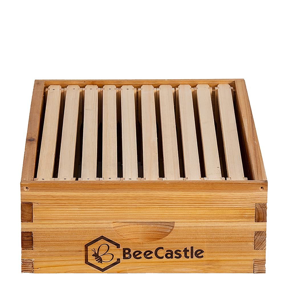 BeeCastle 10 Frame Medium Super Bee Hive Box, Langstroth Honey Bee Hive Dipped in 100% Beeswax Include Beehive Frames and Wax Foundations (Unassembled) BeeCastle