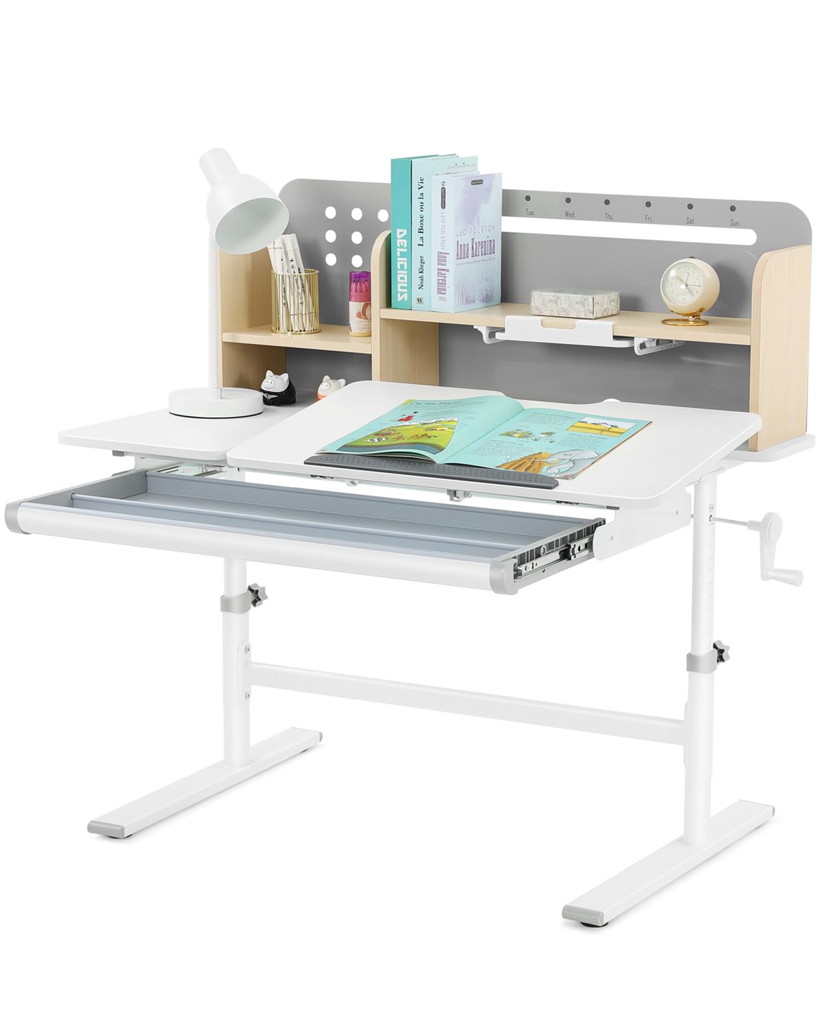 COSVALVE 39in Wide Adjustable Height Kids Desk with Tilting Desktop, Steel Frame, Drawer, and Bookshelf Hutch, Study Child Table for Ages 3-12, Grey COSVALVE