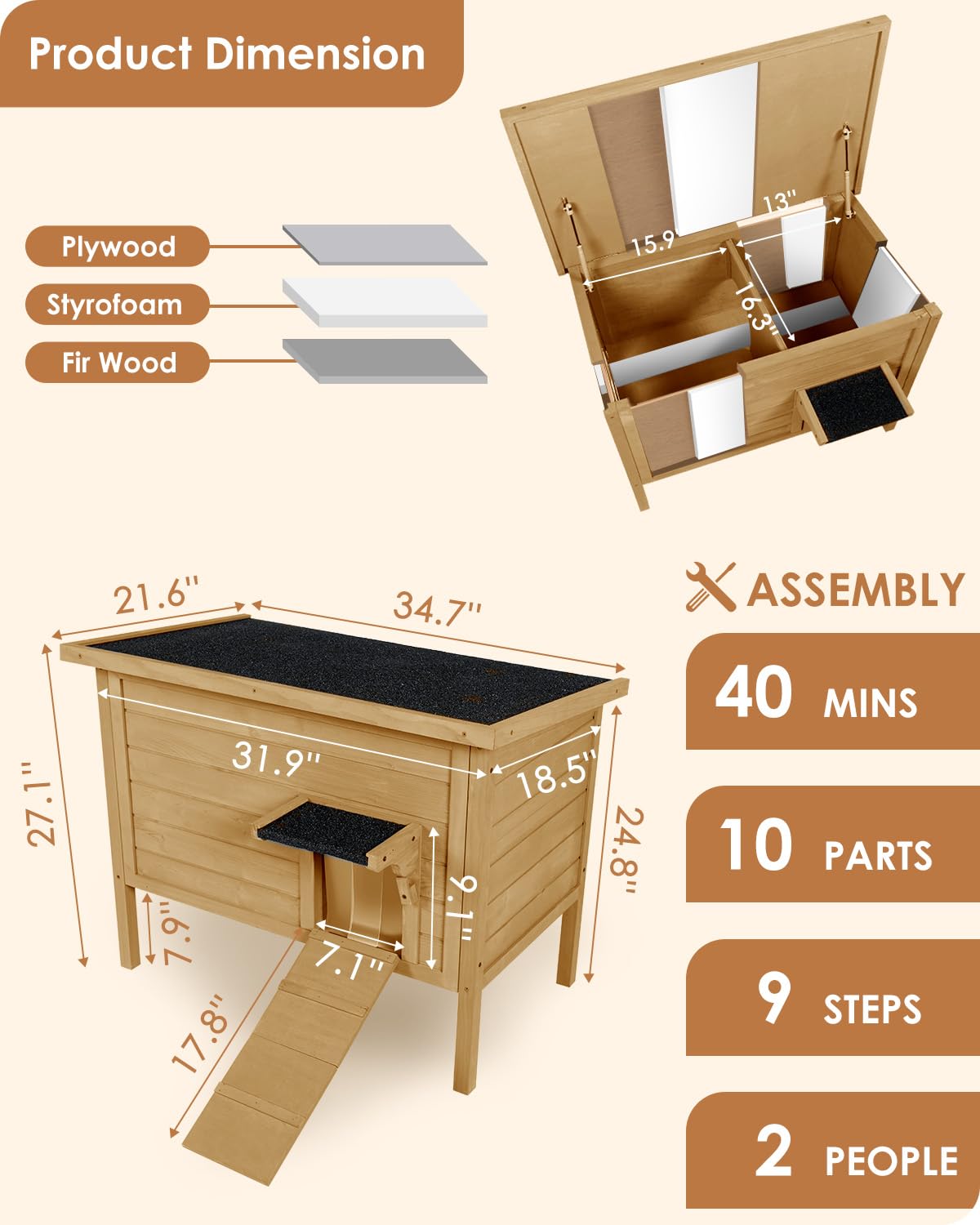 Ivy&Lane Outdoor-Cat-House | Insulated-Feral-Cat-Shelter | Weatherproof | for Winter | Foam & Wood | Large | for Multiple Cats | Fold-up Stair | Acrylic Window | Brown IVY&LANE