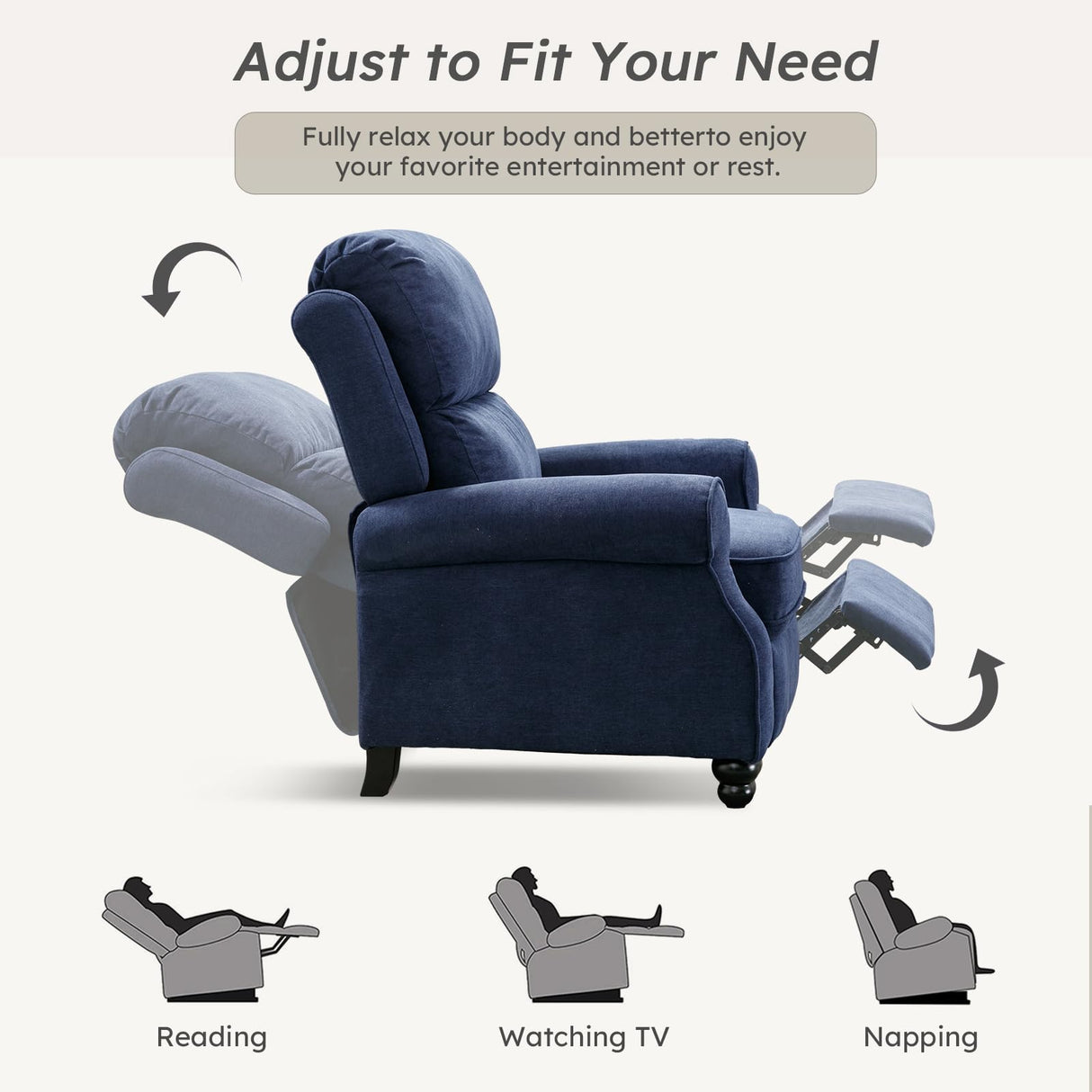 Bonzy Home Navy Blue Pushback Recliner Chair for Adults, Manual Fabric Accent Chair Recliner for Living Room Bedroom Bonzy Home