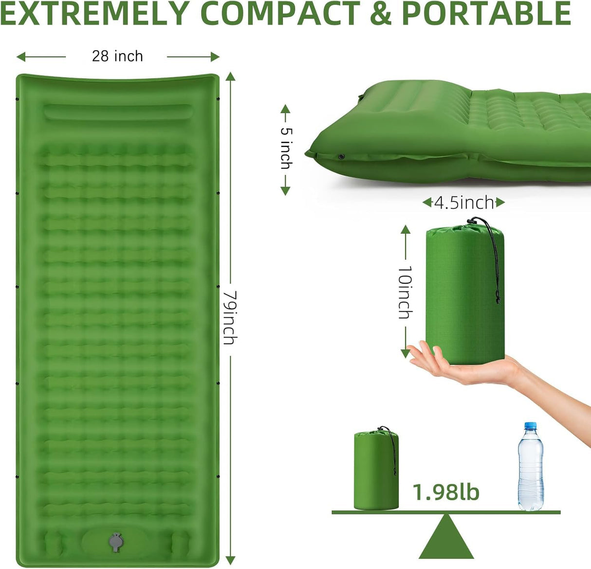 FNARMW Camping Sleeping Pad, Extra Thick 5 Inch Camping Mat with Pillow Built-in Foot Pump Inflatable Sleeping Pads Compact for Camping Backpacking Hiking Traveling Tent(Green) FNARMW