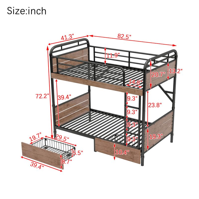 NeoTechEra Twin XL Bunk Bed for Teens - Metal Detachable Bunk Bed with LED Light, USB Charger, 2 Large Drawers, Convertible to 2 Twin XL Beds, Ideal for Small Rooms NeoTechEra
