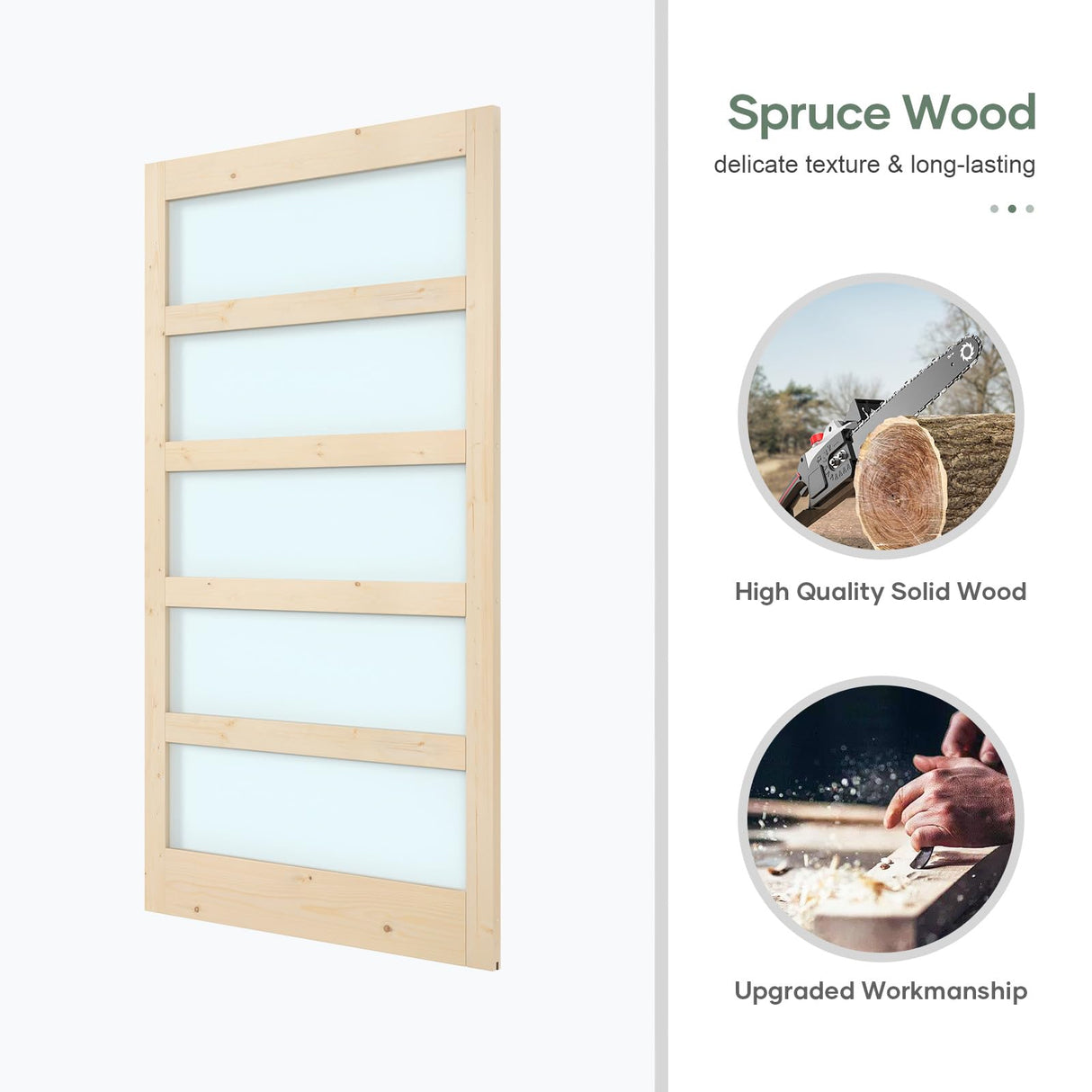 ROYMELO 48x84 inch Glass Sliding Barn Door Slab with 8ft Hardware Kit Included, 5-Panel Frosted Glass, Spruce Wood Support DIY Dyeing, Easy Assembly ROYMELO