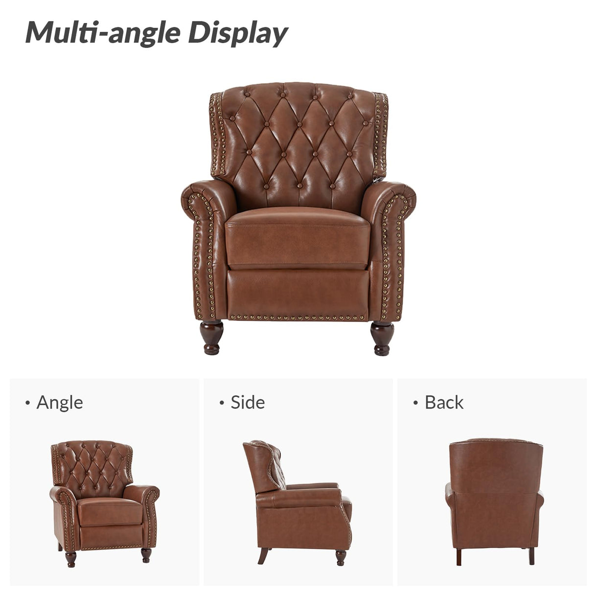 HULALA HOME Genuine Leather Recliner Chair Set of 2 w/Solid Wood Feet, Modern Adjustable Tufted Push Back Arm Chair w/Rivet Decoration, Home Theater Seating Reclining Sofa for Living Room, Brown HULALA HOME