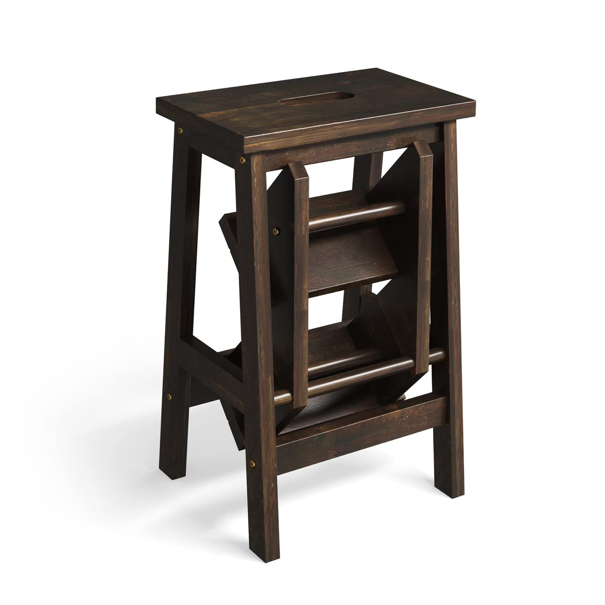 Giantex Folding 3 Tier Step Ladder, Multifunction 3-in-1 Wood Step Stool with Anti-Slip, Convenient Handle, Display Ladder and Storage Shelf for Library, Home Kitchen, Household Work, Garage (Brown) Giantex