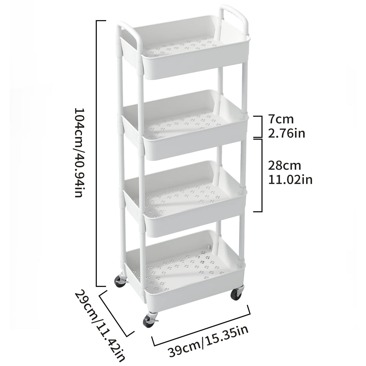 Sywhitta 4-Tier Plastic Rolling Utility Cart with Handle, Multi-Functional Storage Trolley for Office, Living Room, Kitchen, Movable Storage Organizer with Wheels, White Sywhitta