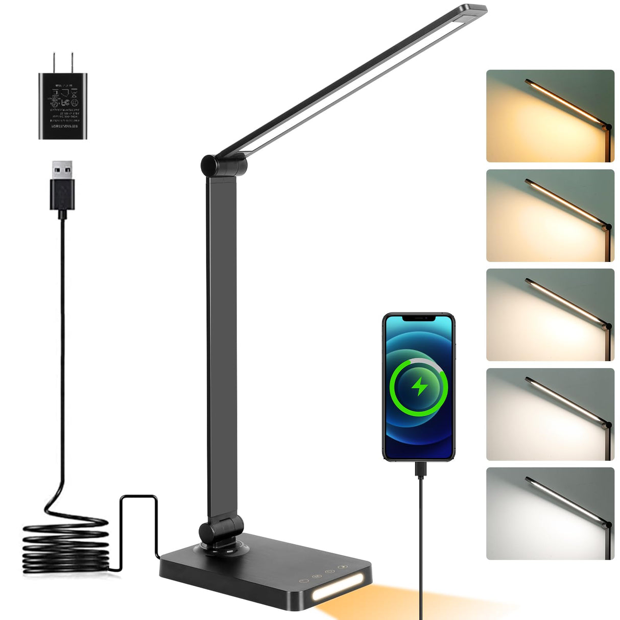LED Desk Lamp with USB Ports,Touch Desk Lamps for Home Office with 5 Color Modes,3 Brightness Desk Light with Small Night Light,Reading Lamp Table Lamp for Bedroom Bedside Study Black (with adapter) Dott Arts