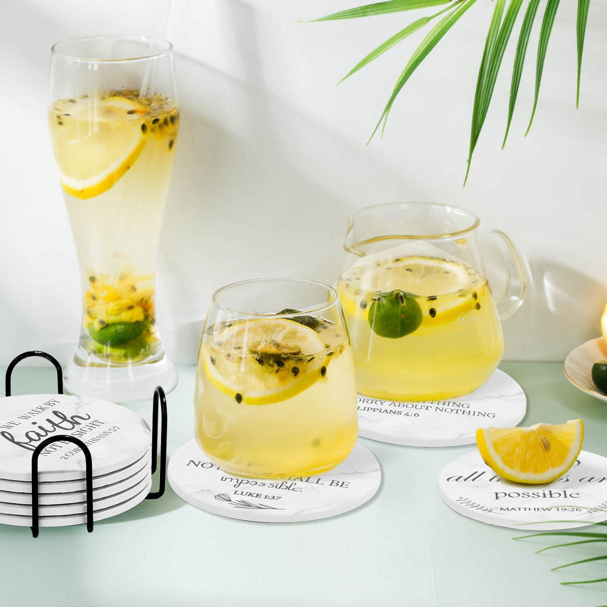 Billbotk Ceramic Coasters with Bible Verses, Coasters Set of 8 with Holder, Absorbent Drink Coasters for Home Decor and Christian Gifts, 4 Inches Billbotk